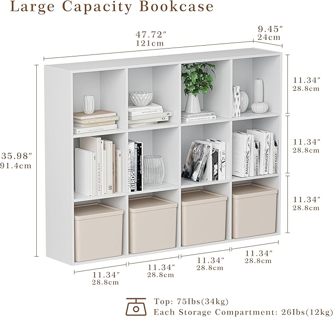Wooden Cube Storage Organizer with Closed Back Panel, 11in Cube Shelf Opening, Bookshelf, Display Shelf,Closet Cabinet for Home and Office (Embossed White, 12-Cube 35.98L*9.45W*47.72H)