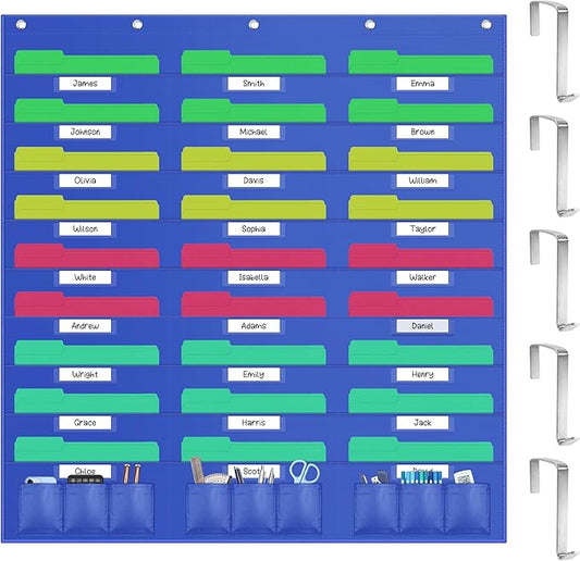 ZKOO 27 Pockets Hanging Wall File Organizer, Heavy Duty Wall Pocket File Holder for A4 Size Paper/Legal/Letter Size Document, for Classroom, Office, Home Use with 5 Hooks, 27 Tags bag, 9 Small Pocket