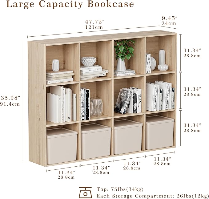 Wooden Cube Storage Organizer with Closed Back Panel, 11in Cube Shelf Opening, Bookshelf, Display Shelf,Closet Cabinet for Home and Office (White Oak, 12-Cube 35.98L*9.45W*47.72H)