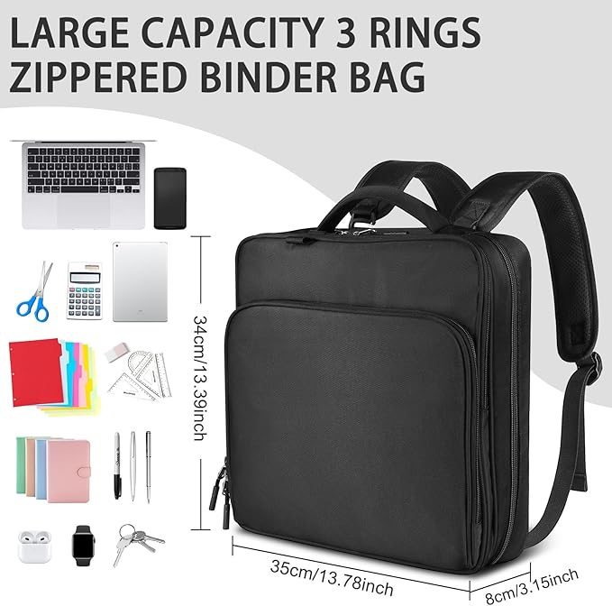 Zipper Binder Bag, 2-inch 3-Rings with Multiple Pockets File Folder - 500 Sheet Capacity, Up to 14‘’ Laptop and Tablet, Detachable Backpack Straps & Shoulder Use for School