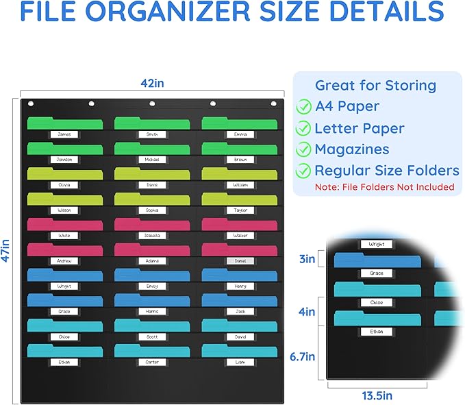 ZKOO 30 Pockets Hanging Wall File Organizer, Heavy Duty Wall Pocket File Holder for A4 Size Paper/Legal/ Letter Size Document, for Classroom, Office, Home Use with 5 Hangers, 30 Tags Pocket