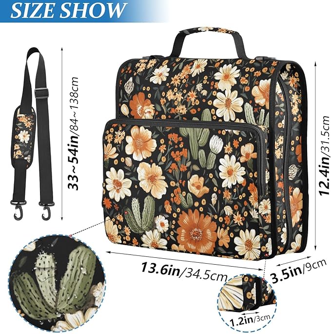 Western Desert Boho Floral Zipper Binder with Shoulder Strap Bag 3 Ring Binder Organizer Large Capacity Multiple Compartments for School Office