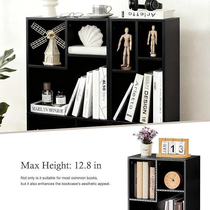 VECELO 3-Cube Bookshelf, Fits Tallest Hardcovers, Horizontal Available, Modern Bookcase, Cubby Storage Organizer for Small Space, Bedroom, Living Room,Black