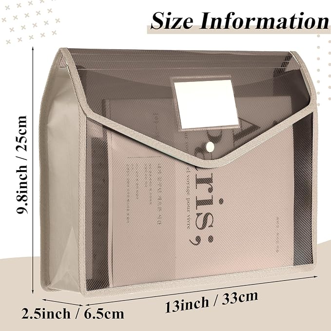 10 Pieces Plastic File Folders Envelope Expanding File Wallet Organizer Documents Folder with Snap Closure and Pocket, A4 Size Waterproof Transparent Pouch(Khaki,Horizontal)