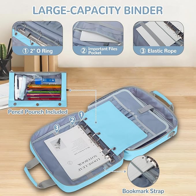 Yarwo 3 Ring Zipper Binder with Binder Pouch, Expanding File Organizer with Padded Sleeve Fit for 14 Inch Laptop, Portable Document Organizer Bag for Home, College, Office Supplies, Blue