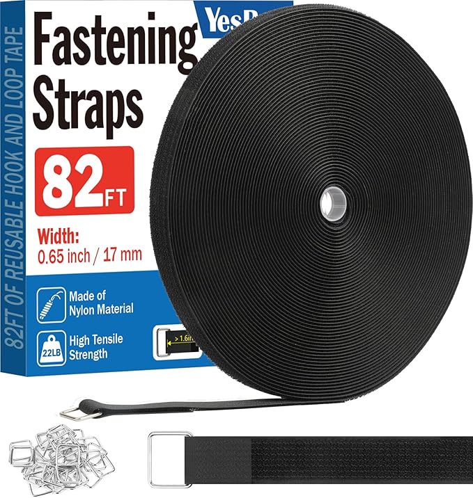 0.65" x82ft Hook and Loop Straps with 40 Metal Buckles, Adjustable Fastening Cinch Straps, Cut to Length Cable Straps, Reusable Nylon Straps 0.65 Inch Wide for Organizer or Storage, Black
