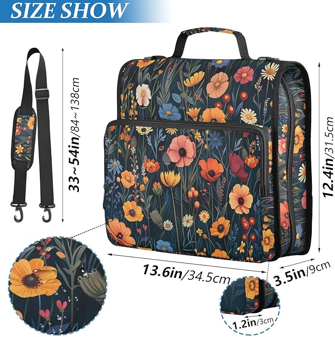 Vibrant Wildflowers Colorful Zipper Binder with Shoulder Strap Bag 3 Ring Binder Organizer Large Capacity Multiple Compartments for School Office