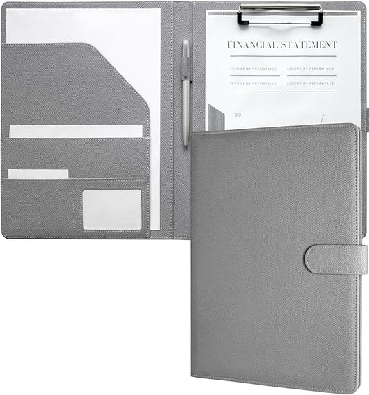 Zreal Padfolio Portfolio for Women and Men, Faux Leather Clipboard Folder with Document Organizer, Business Card & Pen Holder, Fits A4 Letter Size Legal pad for Work, Office & Conference (Grey)