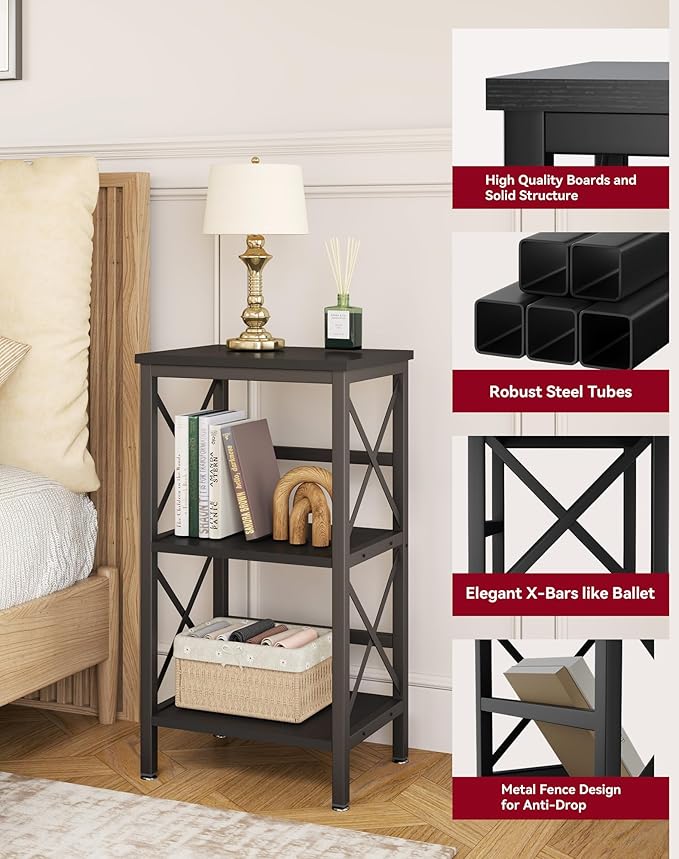 YMYNY 3 Tiers Bookcase, Industrial Metal Bookshelf with Side Fence, Storage Organizer for Living Room, Home Office, Bedroom, Display Racks, Sofa Side Table, 29.5 * 15.75 * 11.4", Black UHST008B