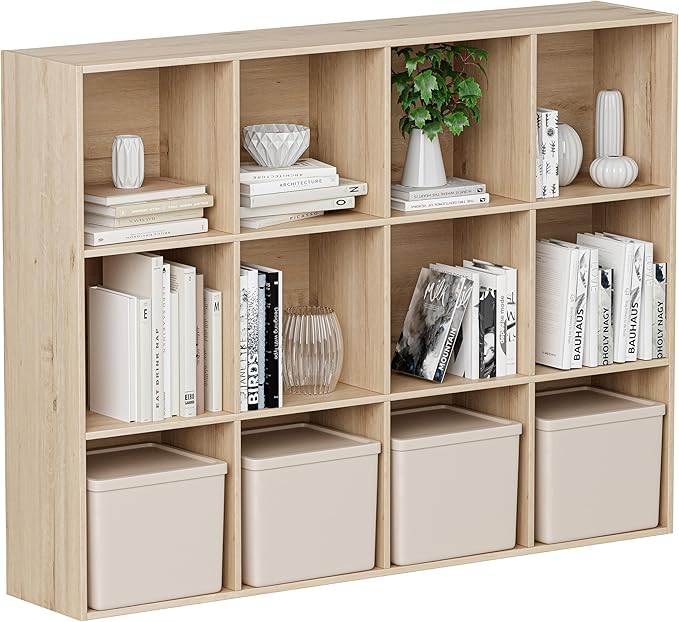 Wooden Cube Storage Organizer with Closed Back Panel, 11in Cube Shelf Opening, Bookshelf, Display Shelf,Closet Cabinet for Home and Office (White Oak, 12-Cube 35.98L*9.45W*47.72H)