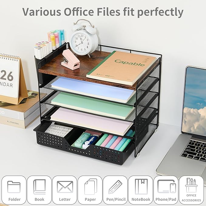 Wood Desk Organizer and Accessories, 5-Tier Paper Letter Tray Organizer with Drawer & 2 Pen Holders for Desktop File Organization, Office Desk Accessories for Supplies Storage (Wood)