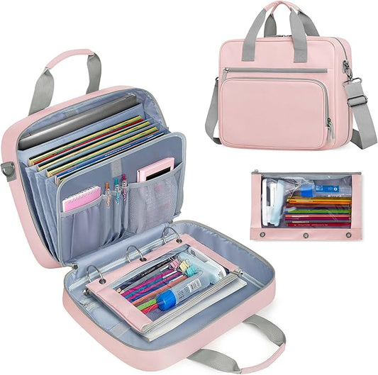 Yarwo 3 Ring Zipper Binder with Binder Pouch, Expanding File Organizer with Padded Sleeve Fit for 14 Inch Laptop, Portable Document Organizer Bag for Home, College, Office Supplies, Pink