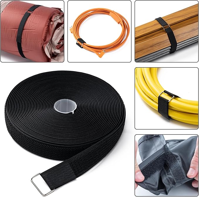 1" x32Ft Hook and Loop Straps Cinch Straps with 50 Metal Buckles, Adjustable Fastening Cable Straps, Free Cut Length, Reusable Nylon Cable Ties for Organizer or Storage, Black