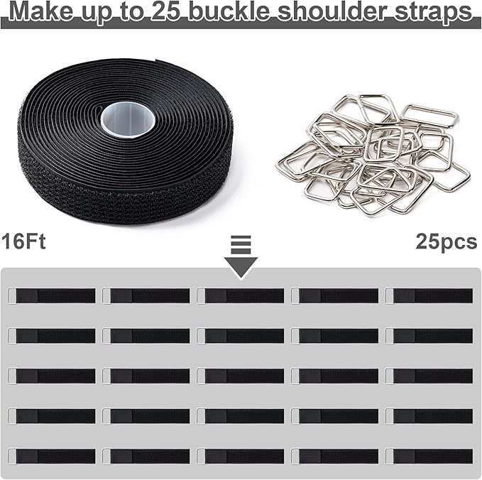 1" x16Ft Hook and Loop Straps with 25 Metal Buckles, Adjustable Fastening Cable Straps, Free Cut Length, Reusable Nylon Cable Ties for Organizer or Storage, Black