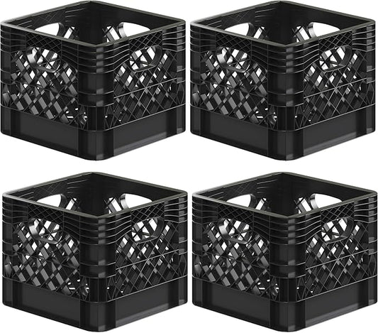 13 in. x 13 in. x 11 in. Heavy-Duty Black 16 Qt Milk Crate | 4 Pack | Stackable Storage Container with Handles