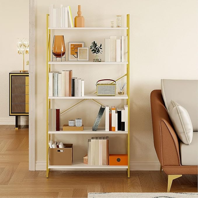 YITAHOME 5 Tiers Gold Bookshelf, Modern Wide Bookcase, Large Book Rack, Storage Rack Shelves in Bedroom/Living Room/Home/Office, Books Holder Organizer for Books, Gold