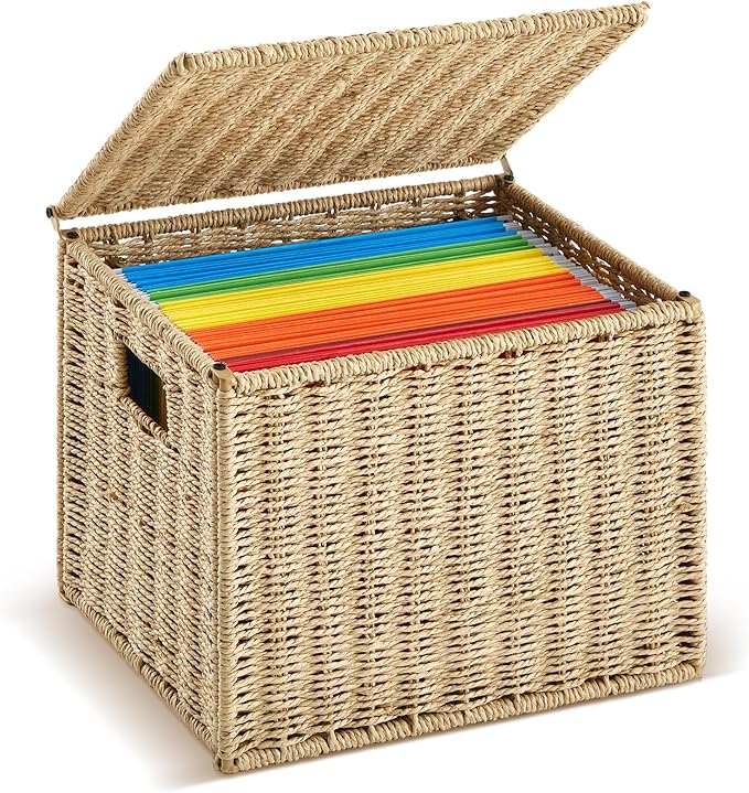 1 Pack Paper Rope File Box Organizers Collapsible Letter Size Filing Cabinet with Lid Woven Hanging File Basket Portable Decorative Document Storage Box for Office/Decor/Home (Letter Size)