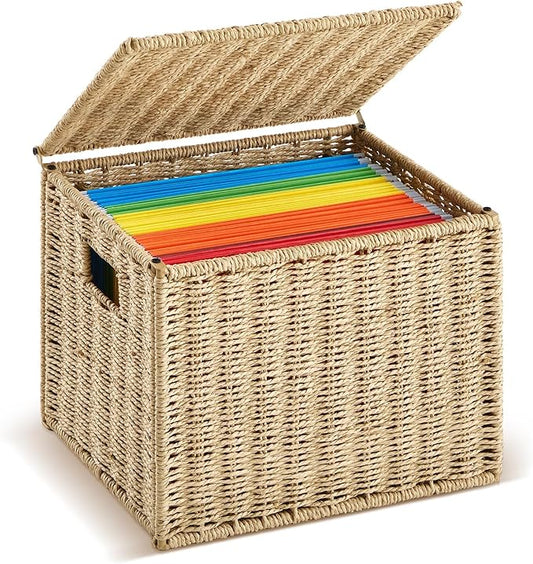 1 Pack Paper Rope File Box Organizers Collapsible Letter Size Filing Cabinet with Lid Woven Hanging File Basket Portable Decorative Document Storage Box for Office/Decor/Home (Letter Size)