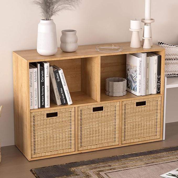 Wooden 5 Cube Storage Organizer with Closed Back Panel,White Cube Shelf Cubby Storage Organizer with Compartments for Living,Bookshelf,Storage Organizers Easy to Install (Oak, 5 Cube)