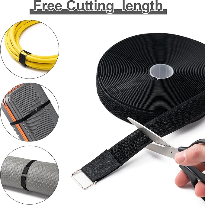 1" x32Ft Hook and Loop Straps Cinch Straps with 50 Metal Buckles, Adjustable Fastening Cable Straps, Free Cut Length, Reusable Nylon Cable Ties for Organizer or Storage, Black