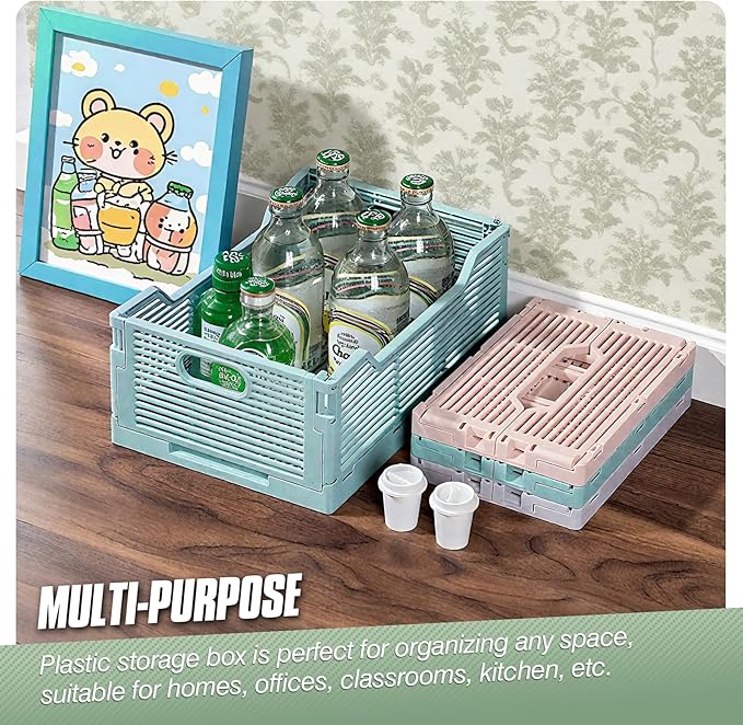 2-Pack Foldable Crates, Plastic Storage Baskets Crate for Organizing, Collapsible Storage Crates for Home Kitchen Classroom Office Bedroom Bathroom (8.66''x5.91''x3.54'', Pink)