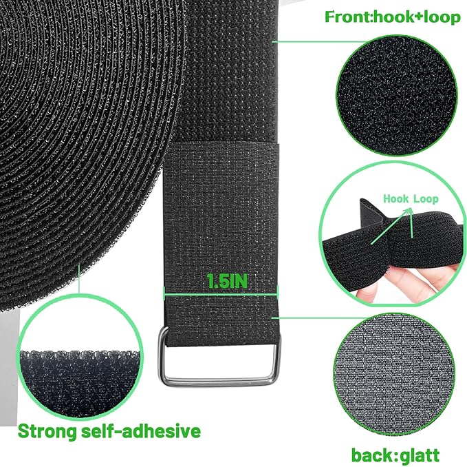 1.5inx32ft Hook and Loop Cable Straps with 30 Metal Buckles, Adjustable Fastening Straps, Reusable Free Cut Length Cord Straps, Wire Organizers for Cable Ties Roll