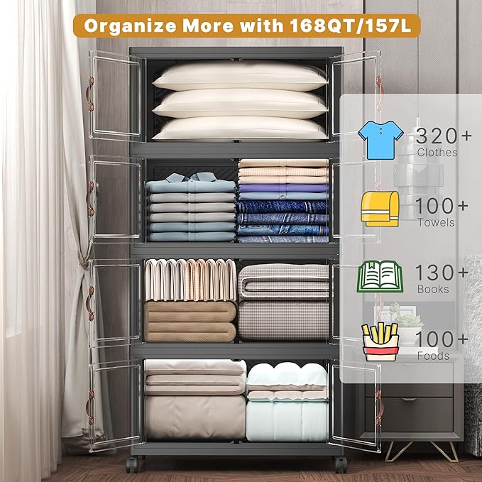 1280Qt Stackable Storage Bins with Lids, 8 Pack Large Collapsible Bins with Wheels, Plastic Cabinet with Doors, Foldable Closet Organizers and Storage for Home, Dorm, Office, Black