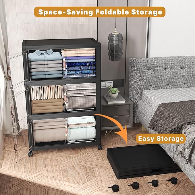 480Qt Stackable Storage Bins with Lids, 3 Pack Large Collapsible Bins with Wheels, Plastic Cabinet with Doors, Foldable Closet Organizers and Storage for Home, Dorm, Office, Black