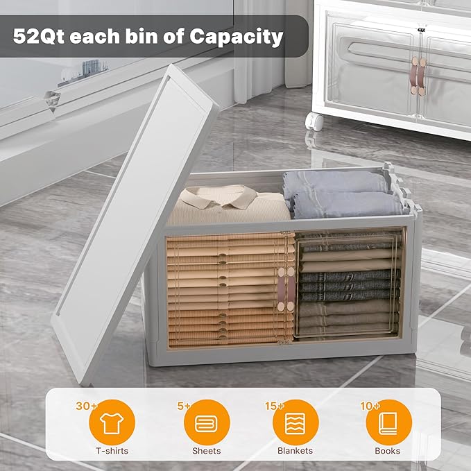 440Qt Stackable Storage Bins with Lids, 8 Pack Collapsible Bins with Wheels, Plastic Cabinet with Doors, Foldable Closet Organizers and Storage for Home, Dorm, Office, White