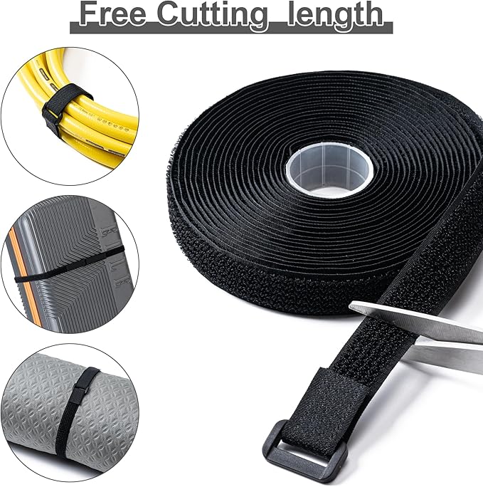 0.8" x16Ft Hook and Loop Straps with 25 Plastic Buckles, Adjustable Fastening Cable Straps, Free Cut Length, Reusable Nylon Cable Ties for Organizer or Storage, Black