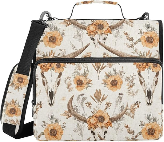 Western Boho Cow Skull Flower Zipper Binder with Shoulder Strap Bag 3 Ring Binder Organizer Large Capacity Multiple Compartments for School Office