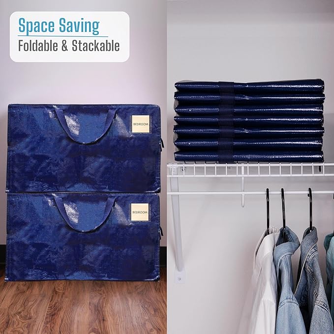 VENO 4 Pack Moving Bags and Large Christmas Decoration Storage Bins with lids. Alternative to Moving Boxes, Packing Supplies for College. Heavy Duty Totes (Blue, 4 Pack)