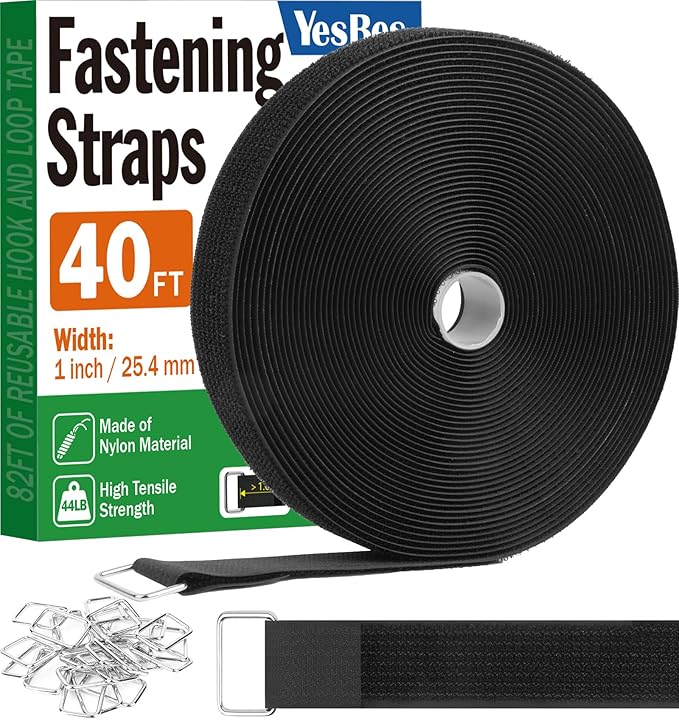 1" x40ft Hook and Loop Straps with 20 Metal Buckles, Adjustable Fastening Cinch Straps, Cut to Length Cable Straps, Reusable Nylon Straps 1 Inch Wide for Organizer or Storage, Black