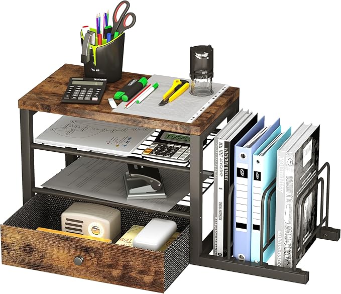 Wood Desk Organizer with Drawers, Desk File Organizer with 3 Vertical File Holders, File Shelf,Storage for Mail, Supplies,Classroom Organization