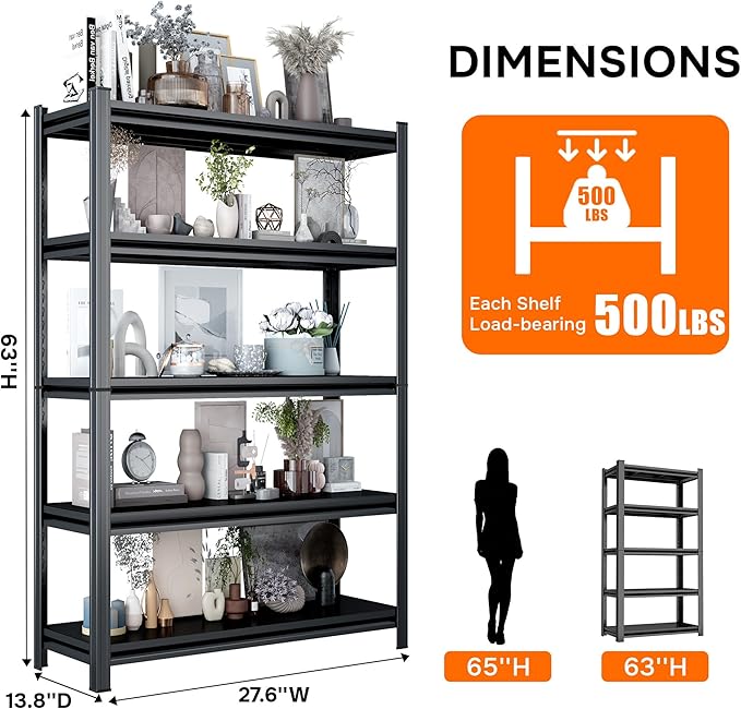 5 Shelf Storage Bookcase - Industrial Adjustable Metal, Mid-Height Organizer - Living Room/Office/Bedroom Essential, Black