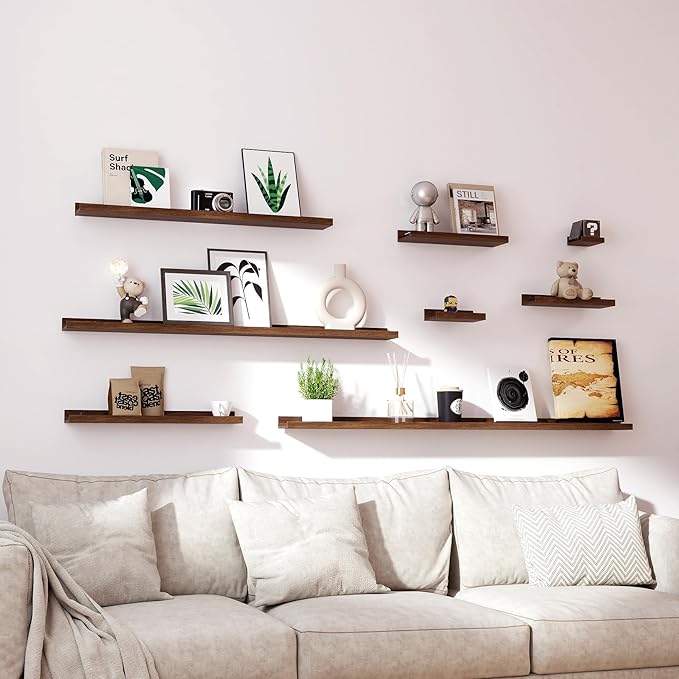 White Floating Shelves for Wall Decor, Long Wall Mounted Storage Shelf for Bedroom, Living Room, Bathroom, Kitchen, Nursery, Display Picture Ledge Shelf with Lip Set of 2-56 Inches, Walnut