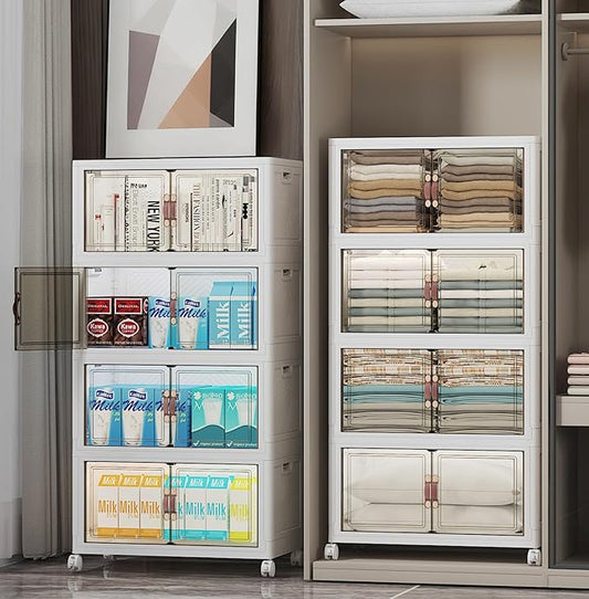 440Qt Stackable Storage Bins with Lids, 8 Pack Collapsible Bins with Wheels, Plastic Cabinet with Doors, Foldable Closet Organizers and Storage for Home, Dorm, Office, White