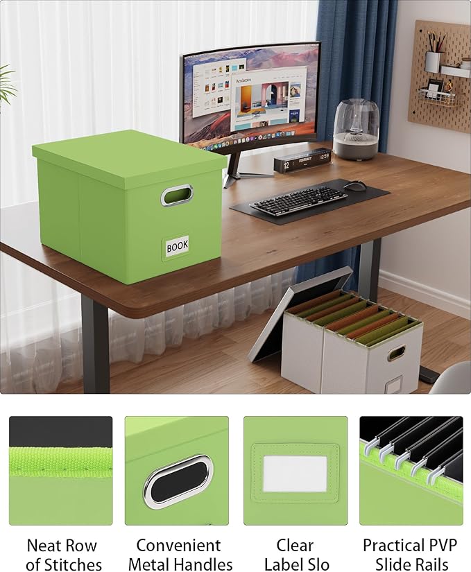 2 Pack File Storage Organizer, Portable File Box with Lid, Fit for Letter/Legal File Folder Storage, Fruit-green(Leather) Box