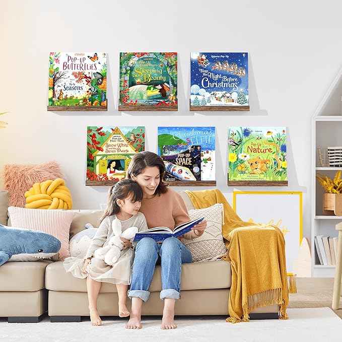 Vinyl Record Shelf Wall Mount, 12 inch Wooden Album Record Holder Display, Pack of 6 Floating Shelves for Wall, Magazine Rack, Kids Bookshelf for Bedroom, Living Room, Rustic Brown