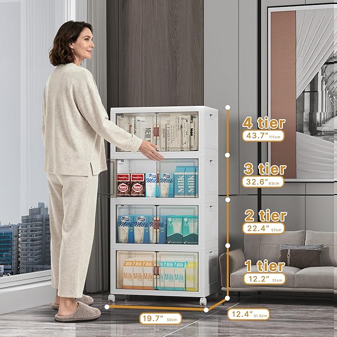 220Qt Stackable Storage Bins with Lids, 4 Pack Collapsible Storage Bins with Wheels, Plastic Cabinet with Doors, Foldable Closet Organizers for Home, Dorm, Office, White