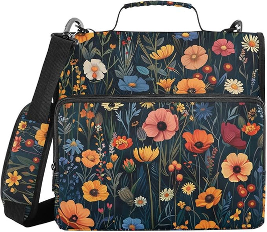 Vibrant Wildflowers Colorful Zipper Binder with Shoulder Strap Bag 3 Ring Binder Organizer Large Capacity Multiple Compartments for School Office