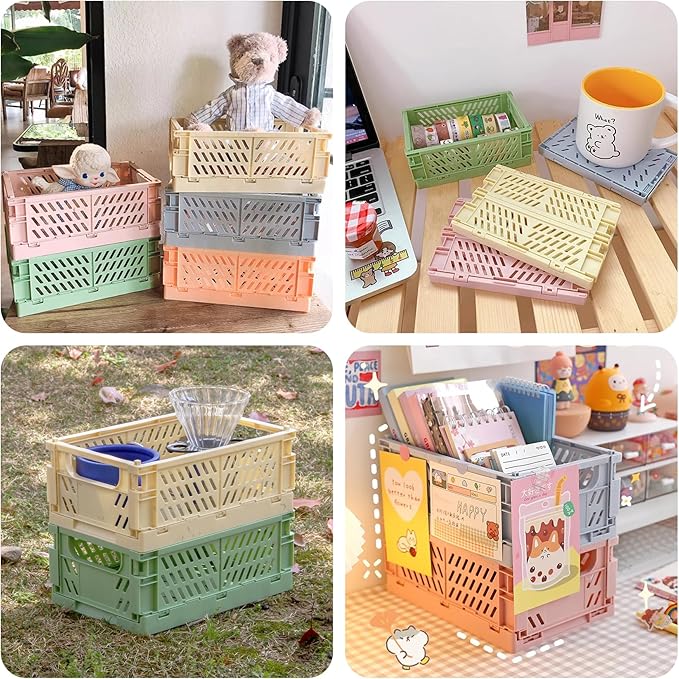 4 Pcs Collapsible Storage Crates, 10x5.9x4 inches Space-Saving Folding Containers, Stackable Plastic Boxes for Home Kitchen Office Bedroom Bathroom, Green