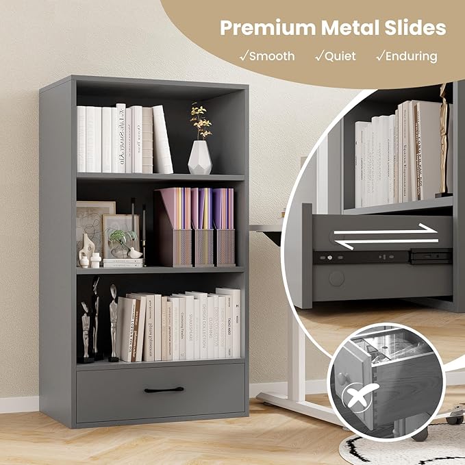 4-Tier Bookcase with Drawer, Wooden Cube Storage Organizer, Modern Display Shelf, Small Bookshelf for Small Spaces, 42.5" Tall Book Shelf for Classroom, Kid's Room, Bedroom (Grey)