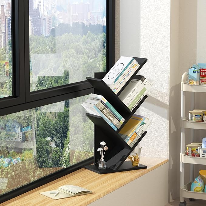 5 Tier Tree Book Shelf, Small Desktop Bookshelf with Storage Organizer, Wood Bookcase, Desk Display Bookshelves, Floor Standing Organizer Bookcases for Living Room,Bedroom,Office-Black