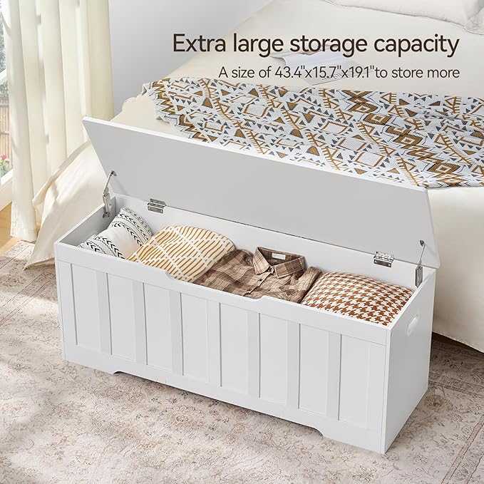 47.2" Storage Chest Extra Large,Storage Trunk with 2 Safety Hinges,Wooden Storage Bench,Shoe Bench,47.2x15.7x19.1 Inch,Easy Assembly,Storage Bench for Bedroom,Living Room,entryway(White).