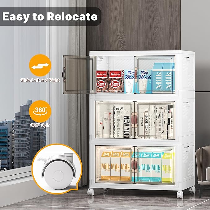 330Qt Stackable Storage Bins with Lids, 6 Pack Collapsible Bins with Wheels, Plastic Cabinet with Doors, Foldable Closet Organizers and Storage for Home, Dorm, Office, White