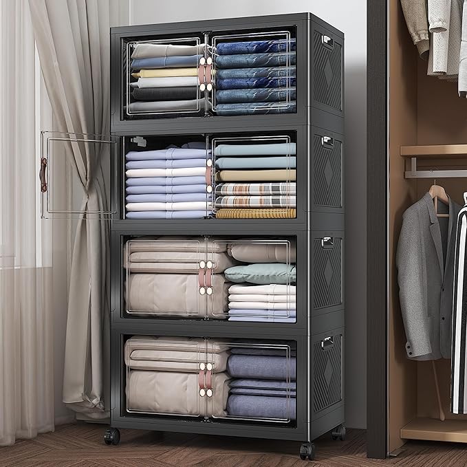 480Qt Stackable Storage Bins with Lids, 4 Pack Large Collapsible Bins with Wheels, Plastic Cabinet with Doors, Foldable Closet Organizers and Storage for Home, Dorm, Office, Black