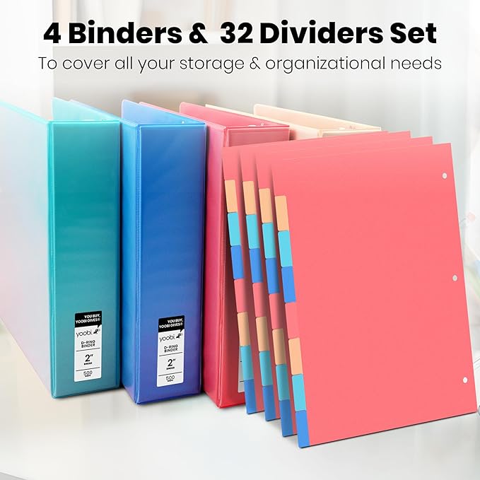 Yoobi 2 Inch Binder and 8 Tab Dividers Set, 4 Pack of 3 Ring Binders with Plastic Cover, 2 Pockets and D Rings, 4 Pack of Binder Organizer Tabs with Blank Sticky Labels, Office or School Supplies