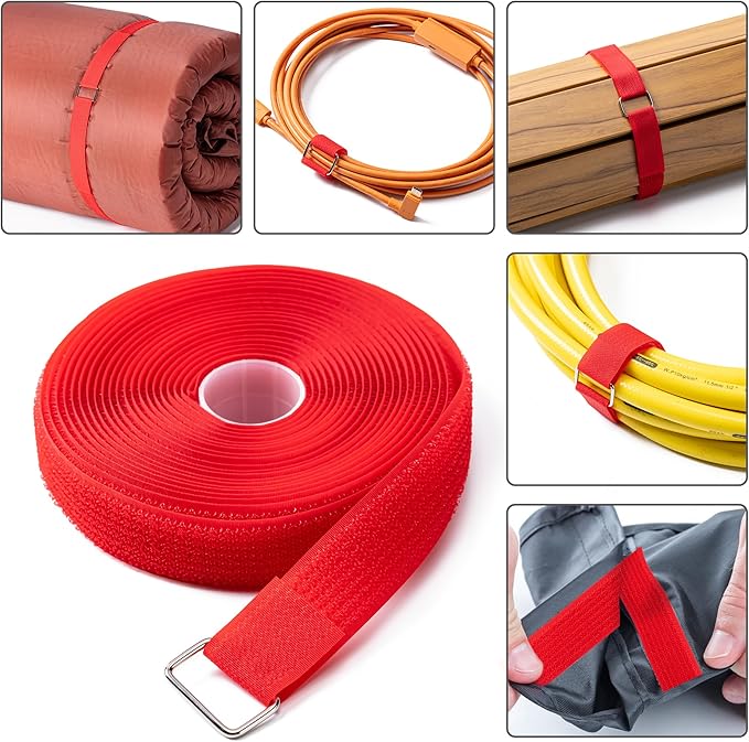 1" x32Ft Hook and Loop Straps with 50 Metal Buckles, Adjustable Fastening Cable Straps, Free Cut Length, Reusable Nylon Cable Ties for Organizer or Storage, Red