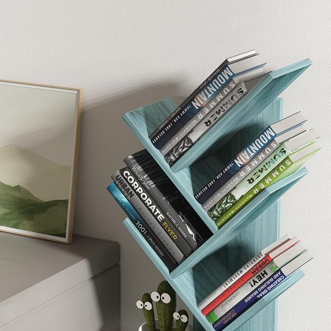 5 Tier Tree Book Shelf, Small Desktop Bookshelf with Storage Organizer, Wood Bookcase, Desk Display Bookshelves, Floor Standing Organizer Bookcases for Living Room,Bedroom,Office-Blue